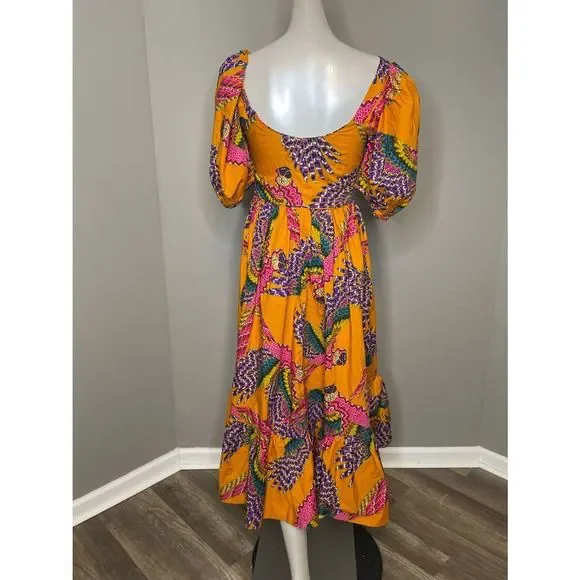 FARMRio Macaw Puff-Sleeve Midi Dress